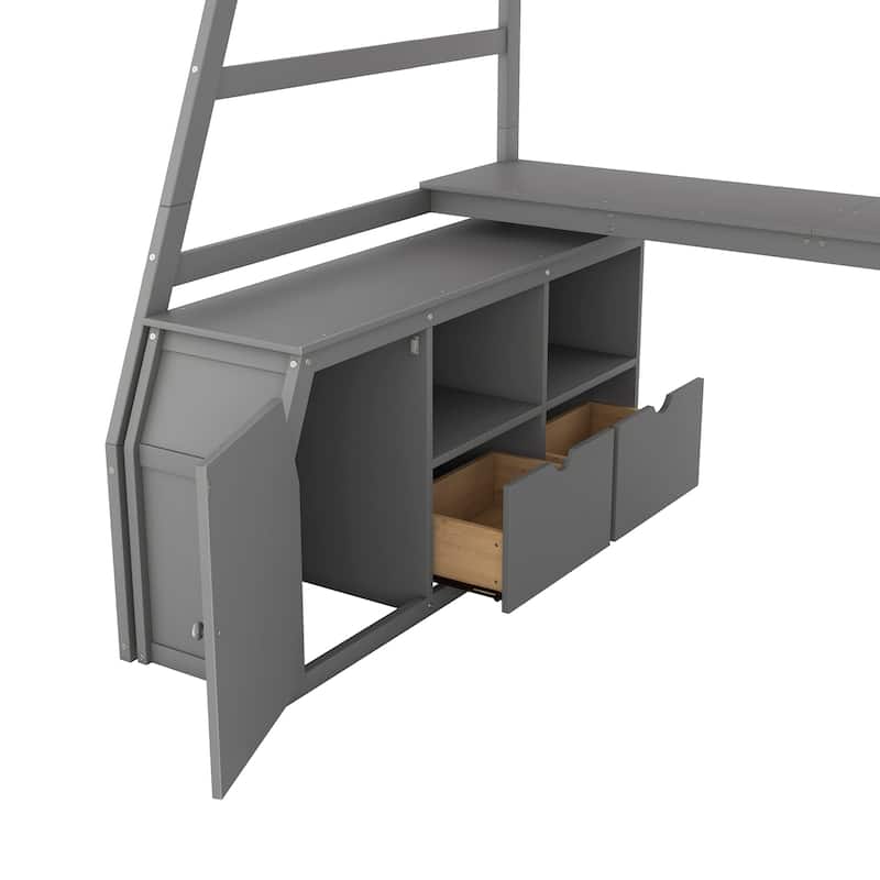 Gray Twin Size Wood Loft Bed with Drawers, Shelves, Ladder, and Desk