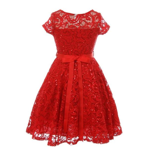 Shop Girls Red Sequin Embellished Lace Pearl Belt Skater Christmas