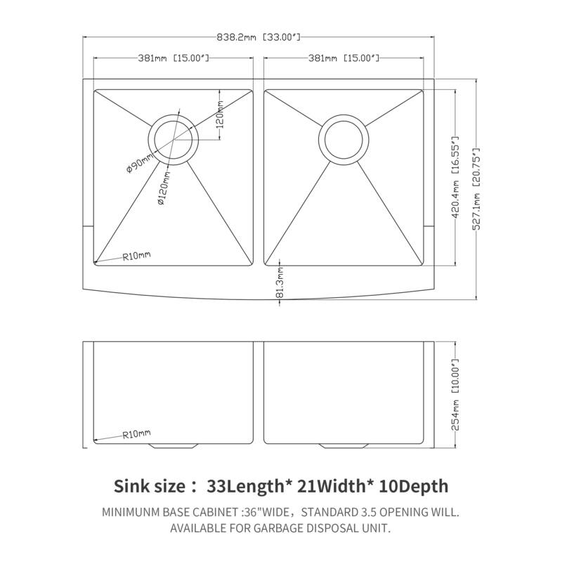 33" Farmhouse 16 Gauge Double Bowl Stainless Steel Kitchen Sink in Brushed Nickel - 33'' x 21'' x 10''