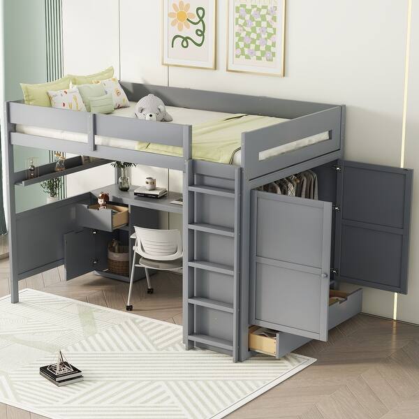 slide 2 of 16, Gray Full Size Wooden Loft Bed with Wardrobe, Desk, and Shelves Gray