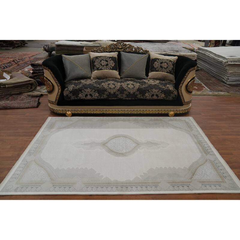 Machine Made Oriental Polyester Carpet Traditional Medallion Beige & Ivories Tabriz Area Rug - 7' 5'' X 5' 2''