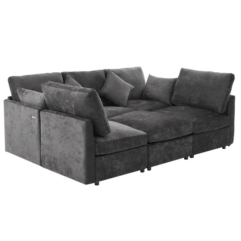 L-Shaped Modular Sectional Sofa Convertible U-Shaped Sofa Bed with Movable Ottoman and 2 USB Ports, 2 Pillows, Chenille 5 Seat