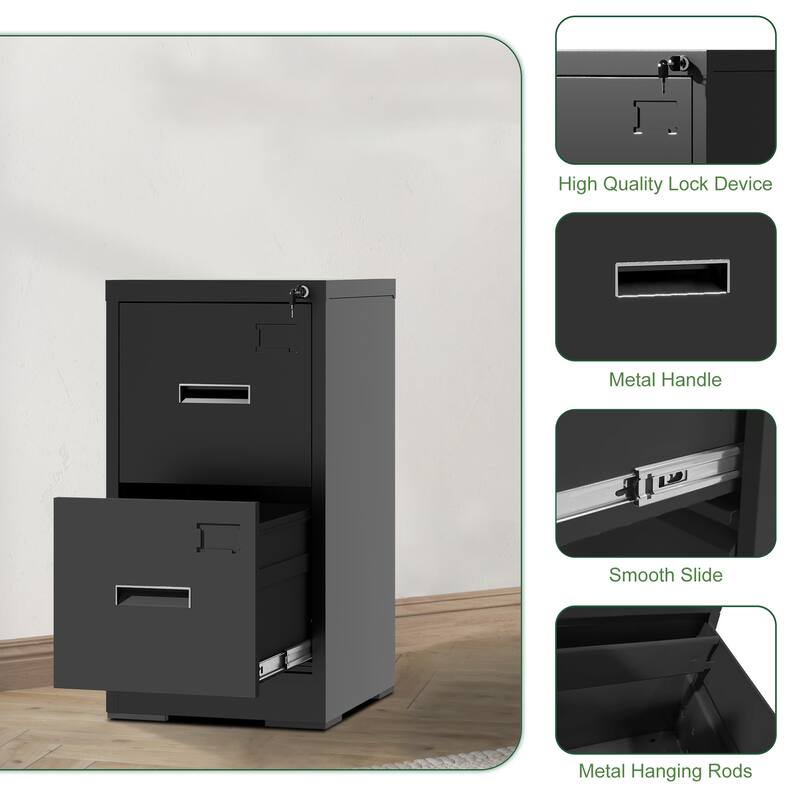 Modern Narrow Vertical Filing Cabinet with 2 Drawers Anti-Tilt Device, Locks and Card Slots, for Home Office