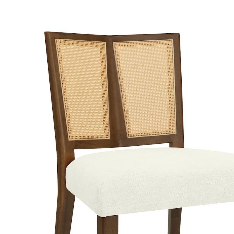Set of 2 Rattan Back Dining Chairs with Upholstered Seat, Rubberwood Frame, Armless Mid-Century Design