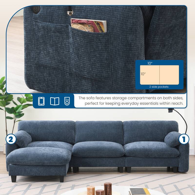 Striped Chenille Modular Sectional Sofa Set with Movable Ottoman, Phone Holder, Dual-Port Charging, 2 Side Storage Pockets