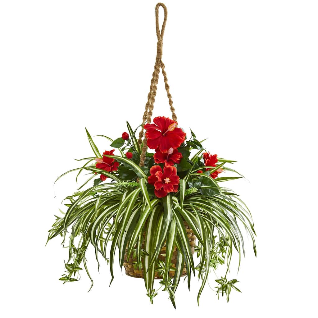 Artificial Hibiscus Plant Hanging Basket Style Indoor Decor 30" Red Flowers