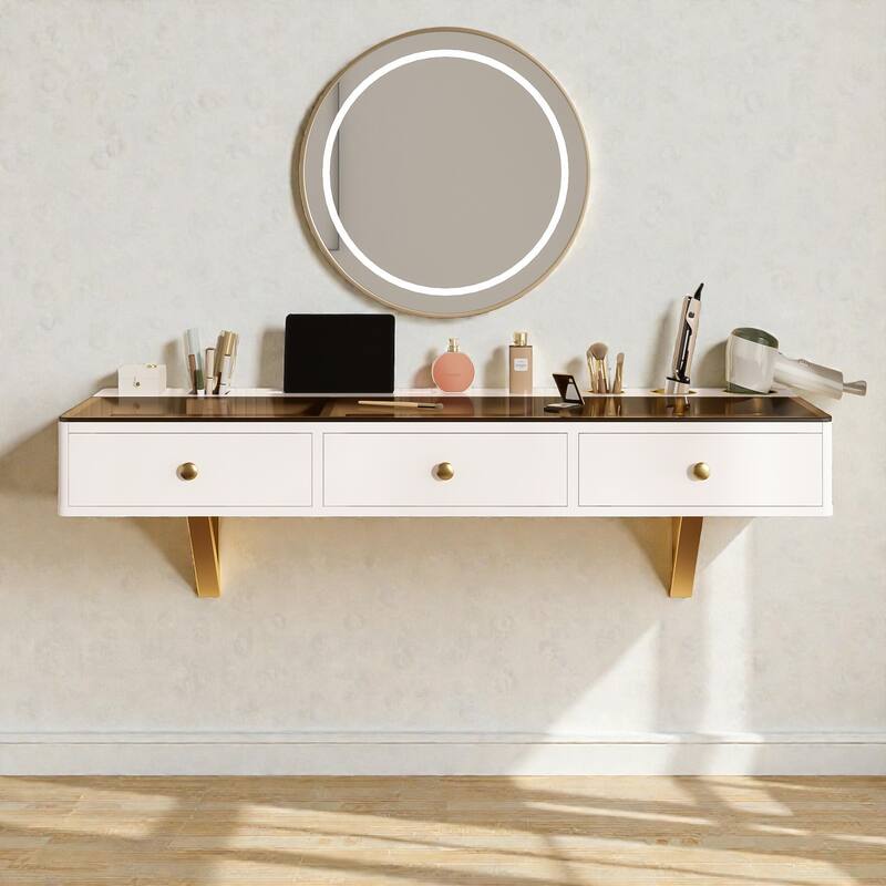 47'' Floating Vanity Shelf with Drawer, Wall-Mounted Makeup Desk, Space-Saving Floating Table for Bedroom & Bathroom - White