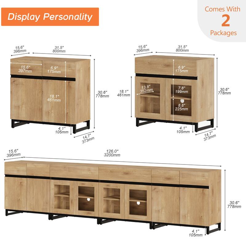 4 in 1 Sideboard Buffet Cabinets with 2 Drawers & Glass Doors, Modern Credenza with Adjustable Shelf and Metal Base