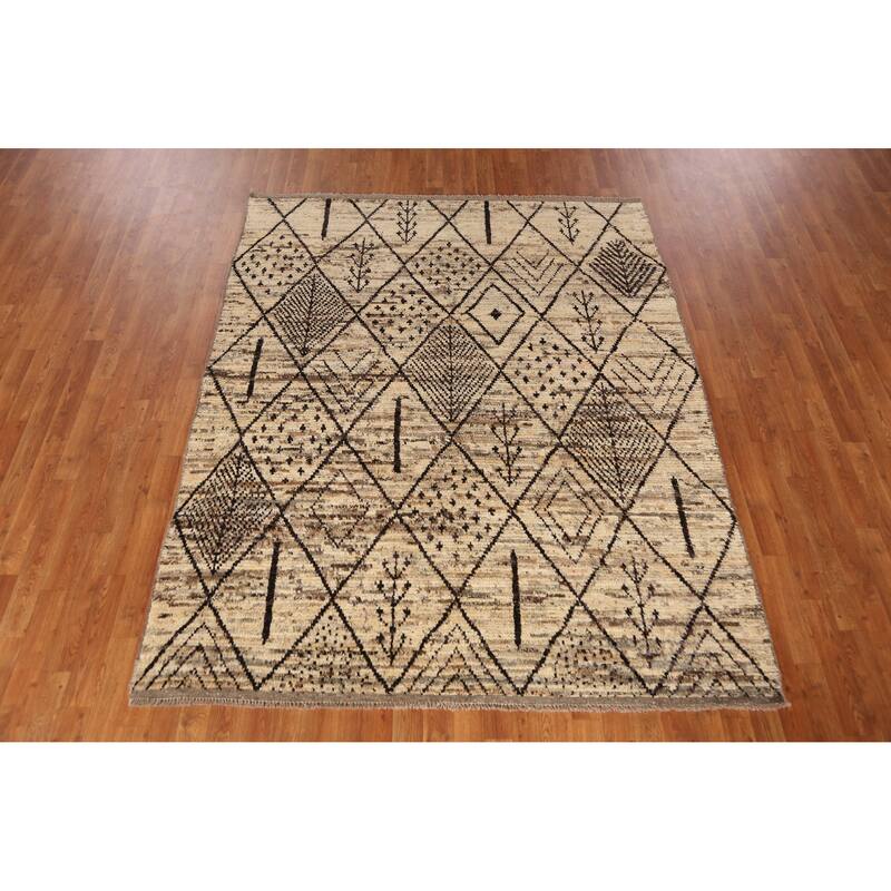 Geometric / Modern Moroccan Oriental Rug Handmade Beige Wool Carpet - 6'1" x 7'7"