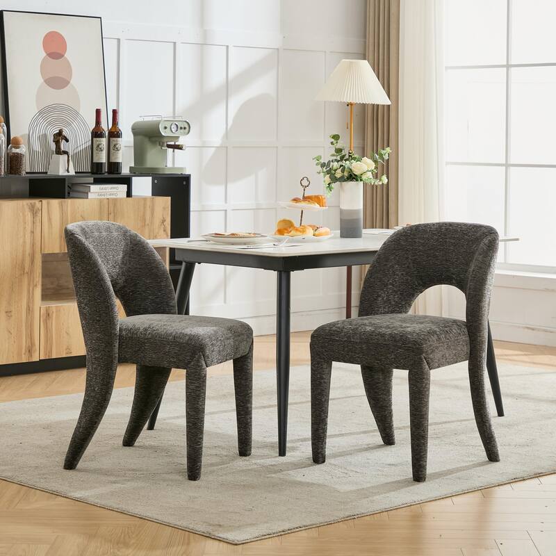 Chenille Dining Chair Set of 2, Armchair with Hollowed-Out Curved Backrest and Iron Chair Legs for Dining Room - Grey