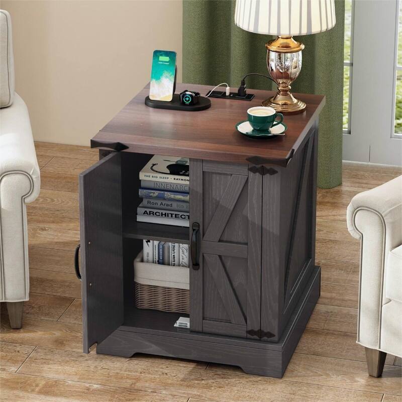 Farmhouse Nightstand with Charging Station, Rustic Bedside Table with Shelf
