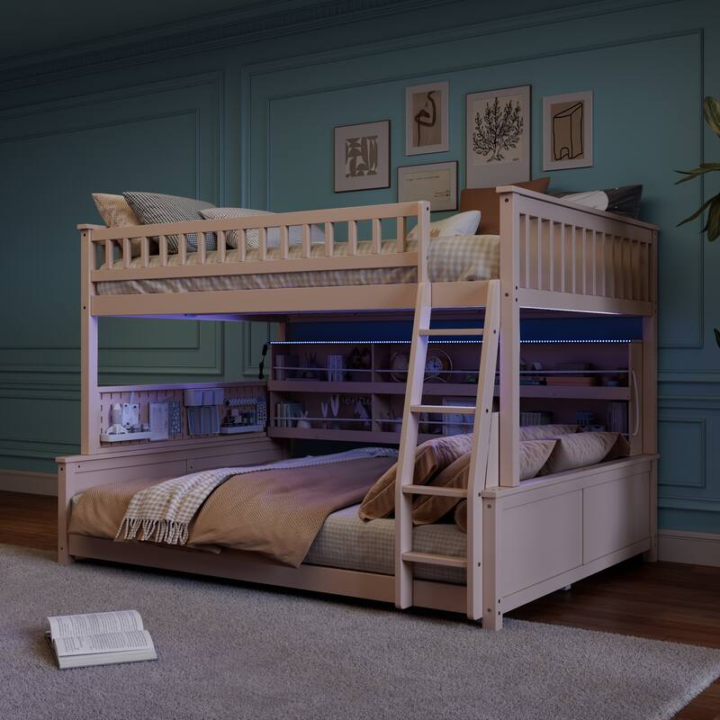 Kids Bunk Bed Frame with Integrated Shelving, Light Strip and Pegboard, Convertible into Floor Platform Bed and Low Loft Bed