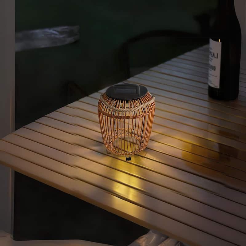 Waterproof Solar Wicker Lantern with Rattan and LED Light 11"x15"
