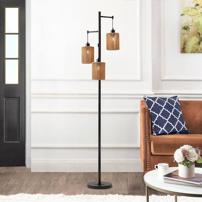 Floor Lamp Traditional Black 69" 3-Light Hemp Shades
