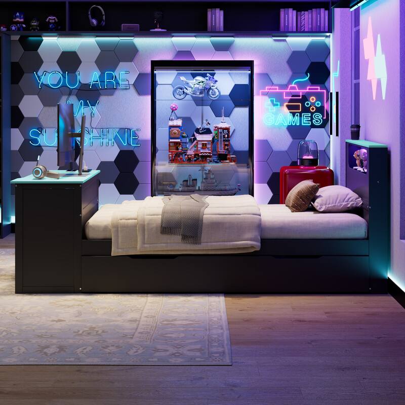 Wood Daybed with Trundle & Built-in Desk, LED Lights & USB Charging Port, Available in Full or Twin