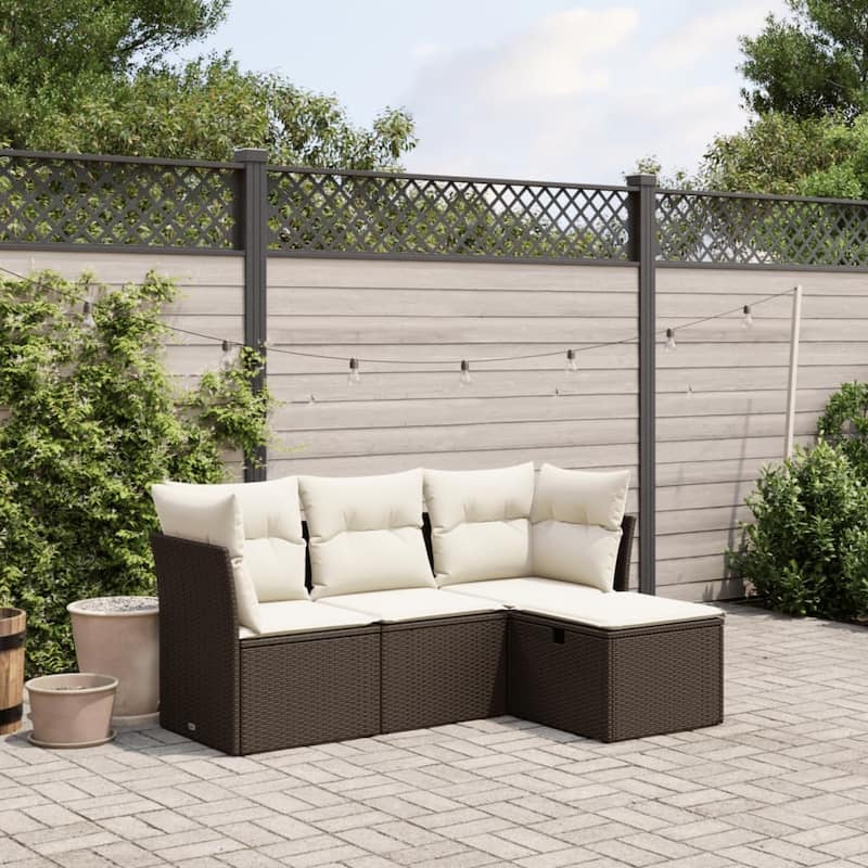 vidaXL Patio Sofa Set with Cushions Outdoor Furniture 4 Piece Poly Rattan - Brown and cream without storage