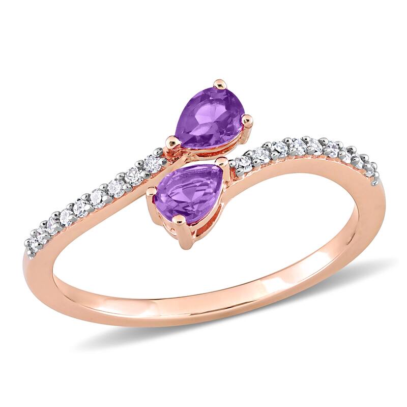 Miadora Pear-cut Amethyst and 1/10ct TDW Diamond Teardrop Bypass Ring in 10k Rose Gold