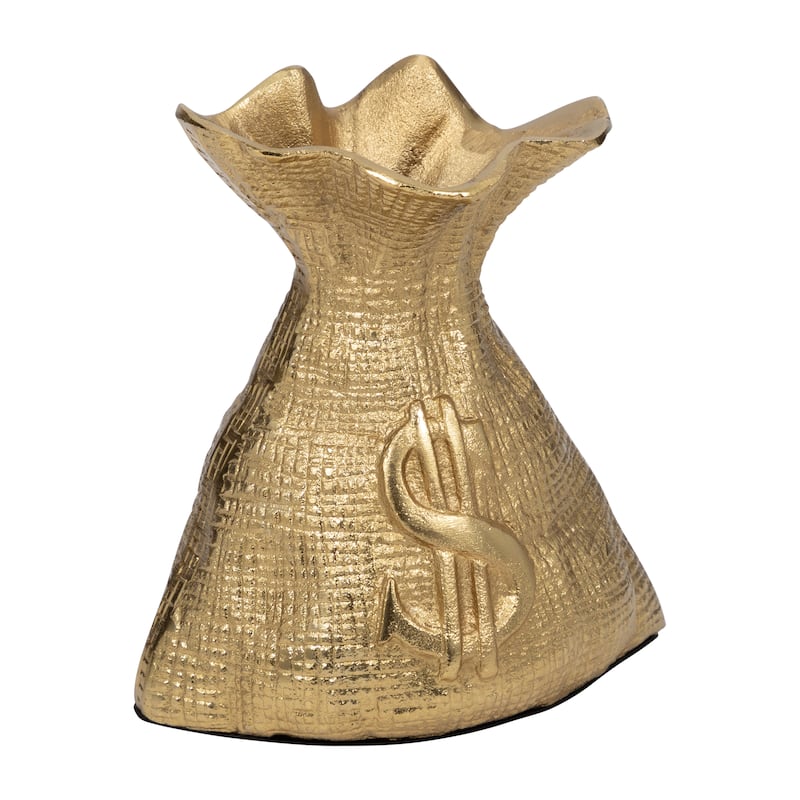 Modern Metal Money Bag Figurine Sculpture - 8", Gold & Metallic - 7.25"