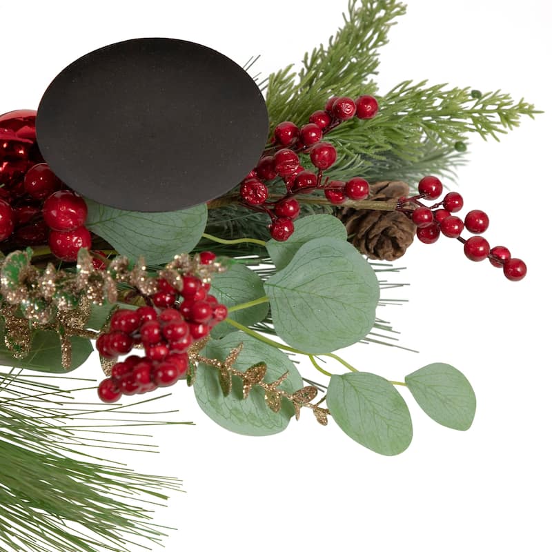 32" Triple Candle Holder with Red Berry and Poinsettia Christmas Decor