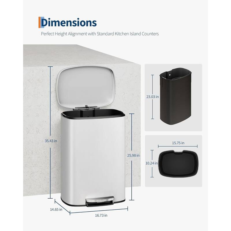 13 Gallon Step-on Stainless Steel Kitchen Trash Can, Rustproof Garbage Can with Lid