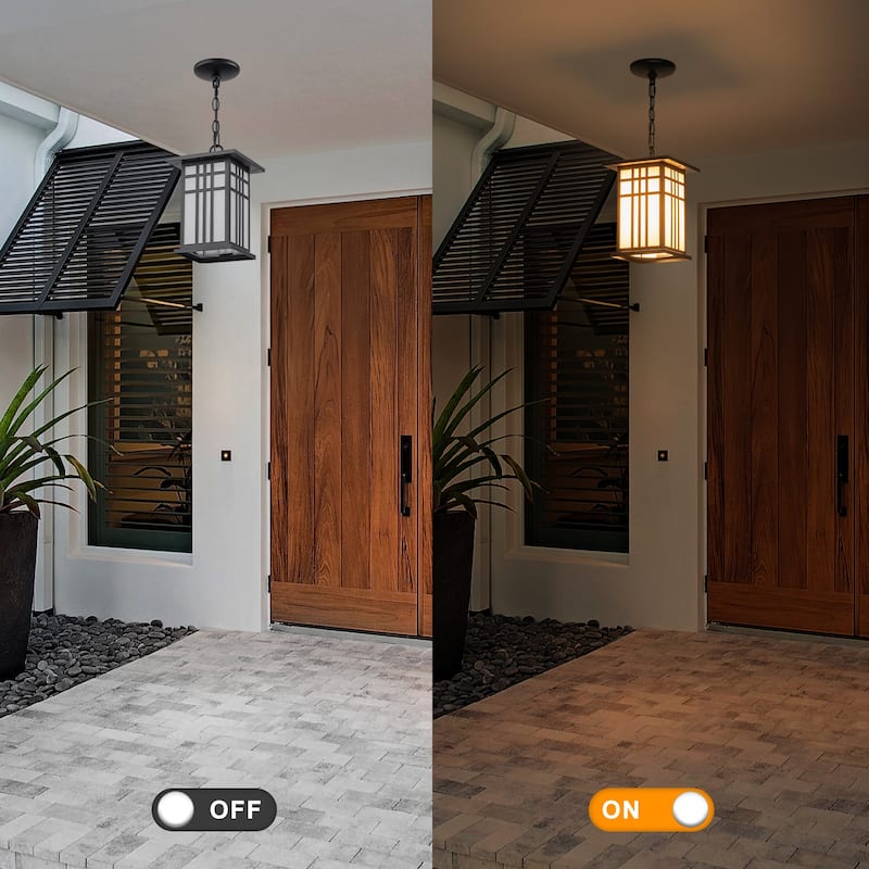 Black Outdoor Pendant Light with White Glass Porch Ceiling Fixture - Dia.7.48-in