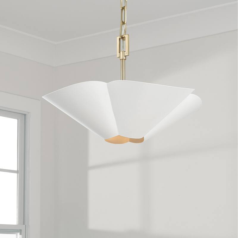 4-Light Modern Botanical Dual Mount Pendant in Matte White with Painted Matte Brass Interior and Square Designer Chain