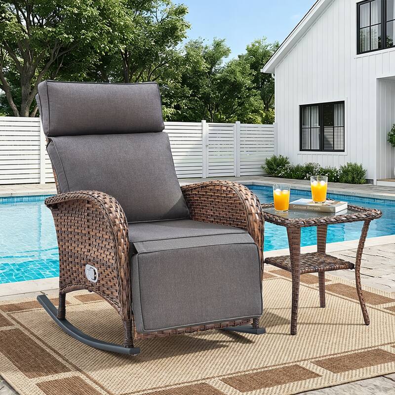 Pocassy Outdoor Curved Rocker Chaise Lounge Chairs with Side Table Set. - Brown Wicker with Gray Cushion - 2 Piece Rocker Recliner Chair with Side Table