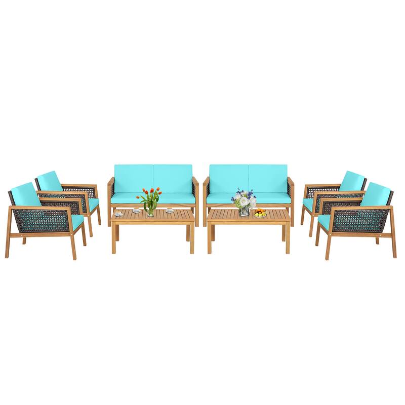 Costway 8PCS Patio Rattan Furniture Set Acacia Wood Cushioned Sofa Off
