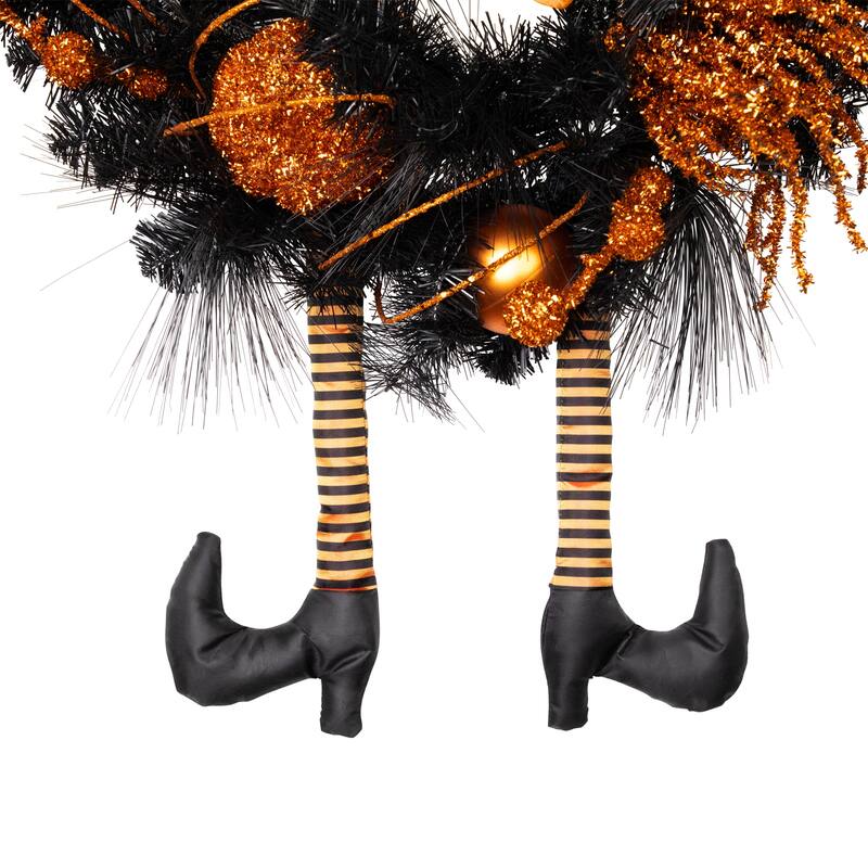 Orange and Black Witch and Pumpkins Halloween Wreath 24-Inch Unlit