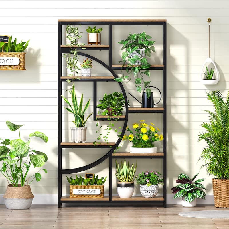 Industrial Etagere Bookcase with 8-Open Storage Shelf, Tall Geometric Book Shelves