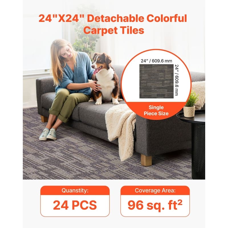 Carpet Tiles Set with Adhesive Stickers Non-Slip Replaceable Floor Squares for Home Office 96 sq ft Coverage