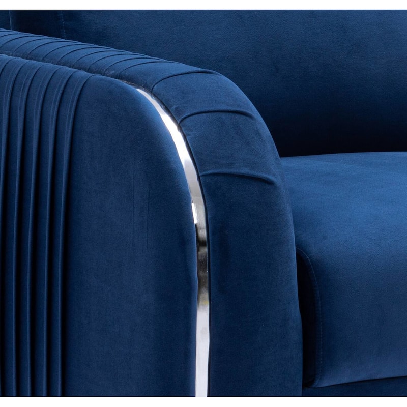 Blue Modern 38" Velvet Upholstered Accent Chair with Polished Chrome Trim Legs and Vertical Pleated Design
