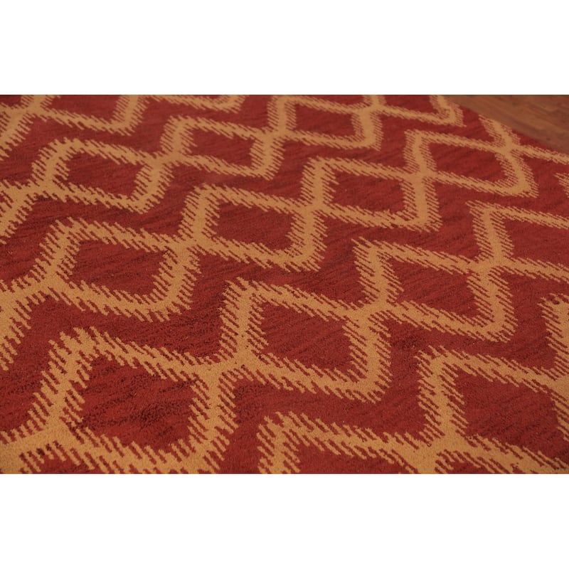 Hand Knotted Oriental 100% Wool Carpet Modern Geometric Red Moroccan Area Rug - 9' 7'' X 7' 11''