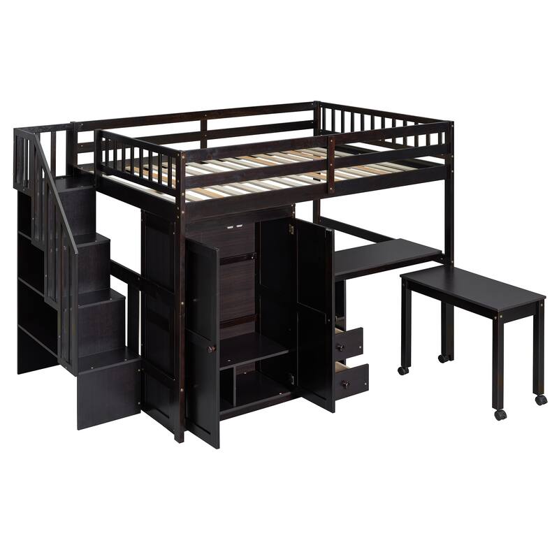 Multifunctional Full Size Loft Bed with Stairs, Bookshelf, Drawers, Desk & Wardrobe for Kids & Teens