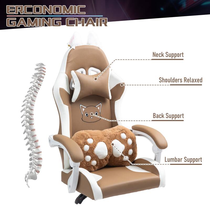 Cute Gaming Chair with Cat Paw Lumbar Cushion and Cat Ears, Ergonomic Computer Chair,Reclining PC Game Chair
