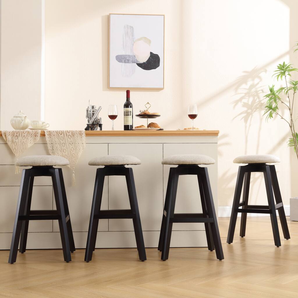 Backless Upholstered Wooden Swivel Bar Stools (Set of 4)