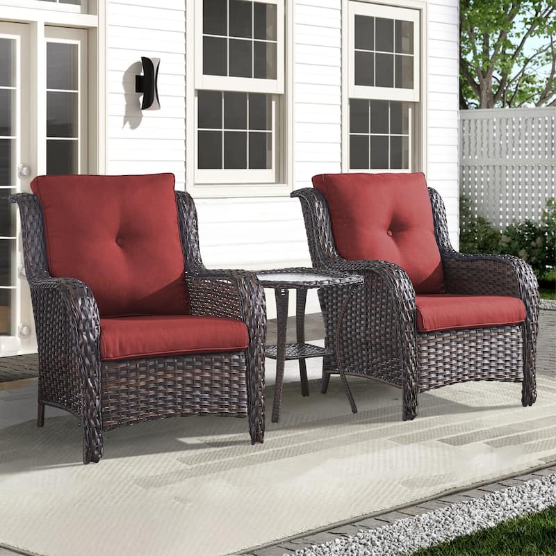 Pocassy 3 Pieces Outdoor Patio Chairs Table with 4 Inch Cushion - Red cushion - Brown Wicker