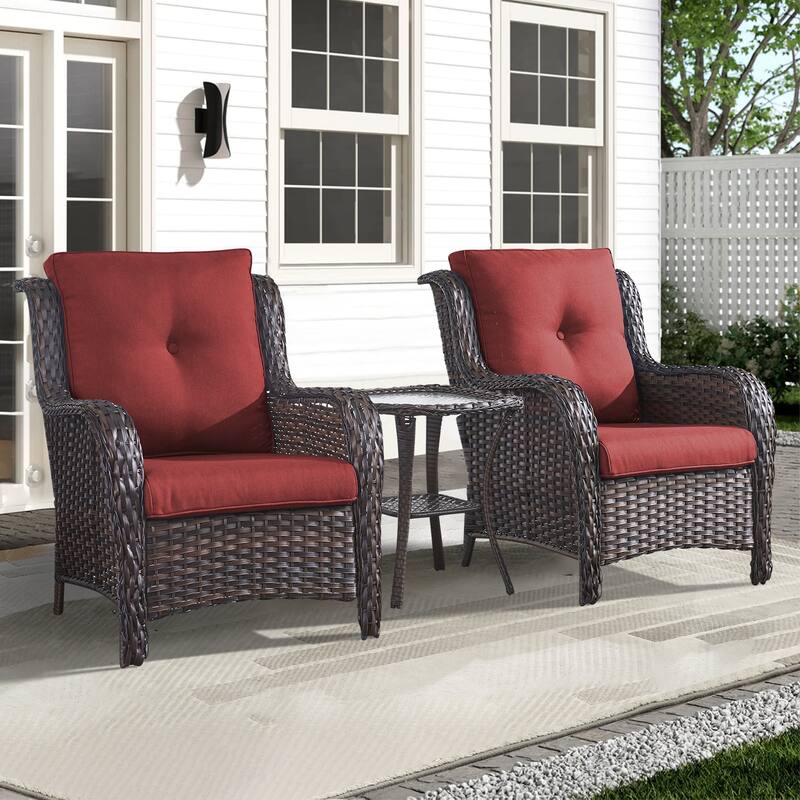 Pocassy Outdoor Patio Chairs High Back Chairs - 3PCS Patio Chair with Table - Brown Rattan Red Cushion