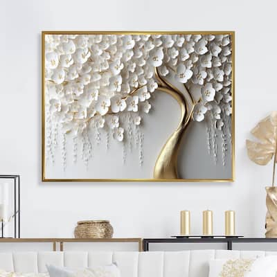 Designart "White Orchid Tree Garden Of Branches Iv" Tree Floral Framed Wall Art For Living Room