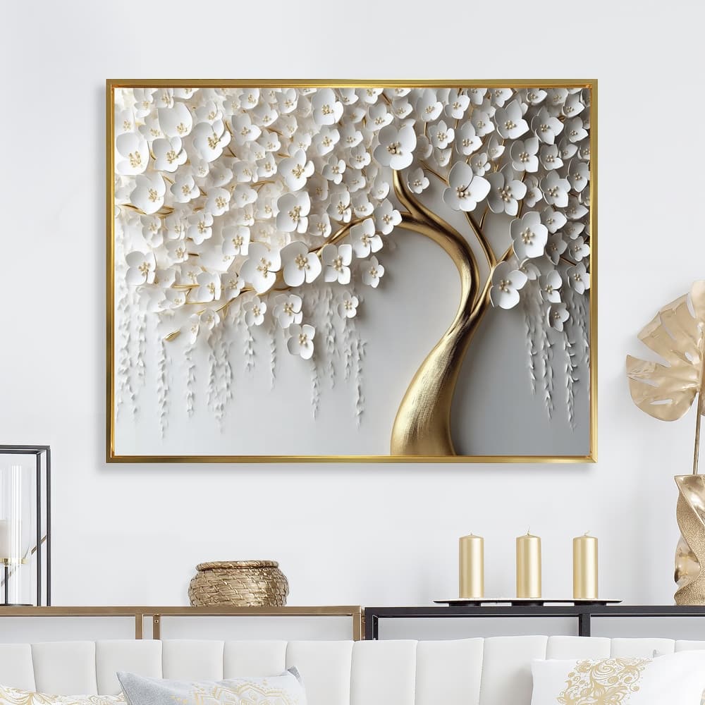 Designart "White Orchid Tree Garden Of Branches Iv" Tree Floral Framed Wall Art For Living Room