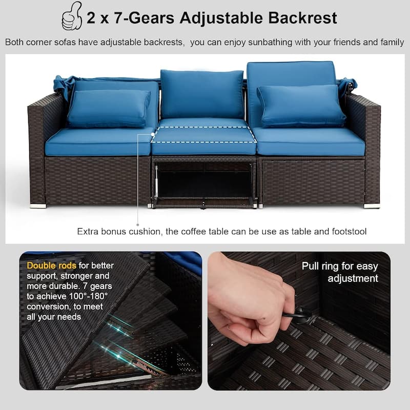 EROMMY 6-Piece Patio Furniture Set, Rattan Daybed with Canopy and Adjustable Backrest