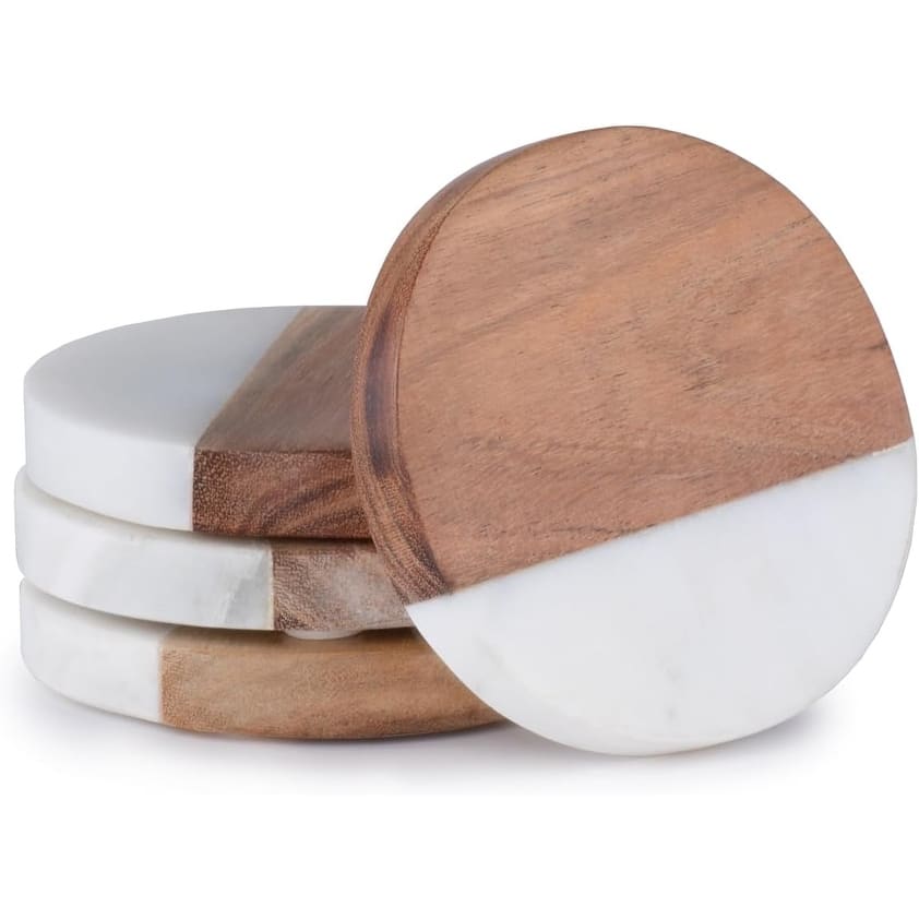 Acacia Wood Coasters with White Marble Accents 4 Pack Protect Surfaces, Attractive, Easily Wipes Clean