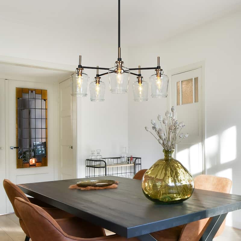 Modern 5-Light Black Gold Wagon Wheel Chandeliers Glass Pendant Light for Kitchen Dining Room