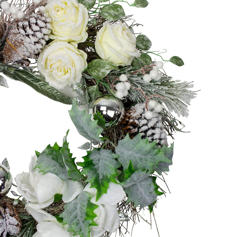White Silver Floral Flocked Pine Artificial Grapevine Wreath 24"