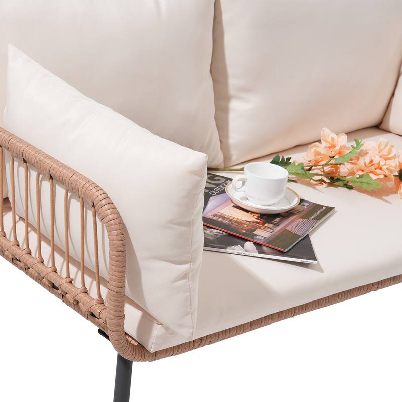 Outdoor Wicker Double Chair with Cushions Conversation Furniture Set