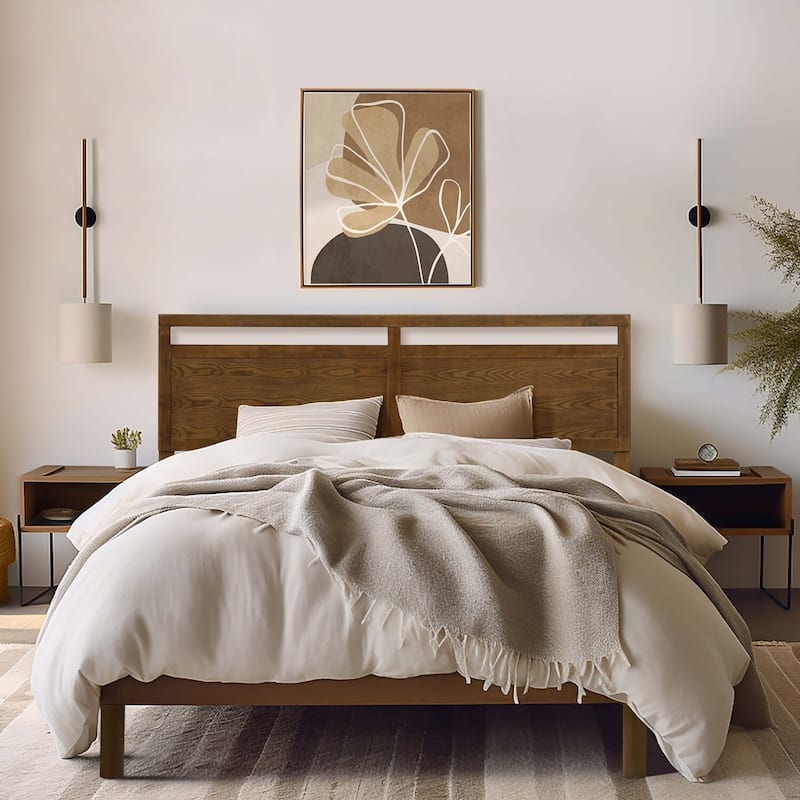 King Size Wood Platform Bed Frame with Headboard - Modern Double Panel Design