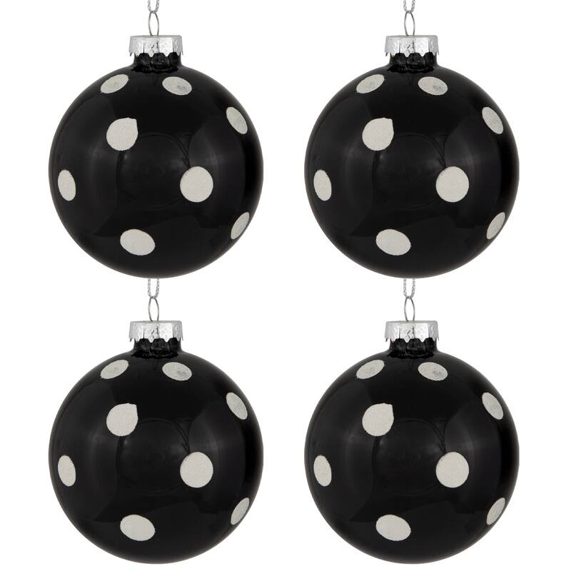 Set of 4 Black White Polka Dots Christmas Glass Ball Ornaments 3" 80mm