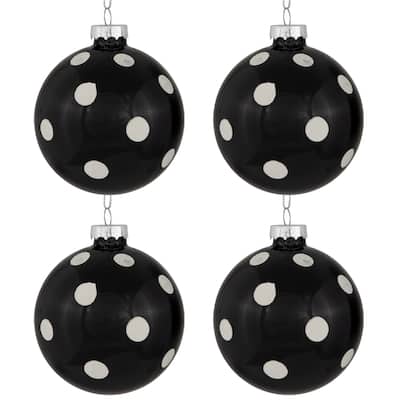 Set of 4 Black White Polka Dots Christmas Glass Ball Ornaments 3" 80mm