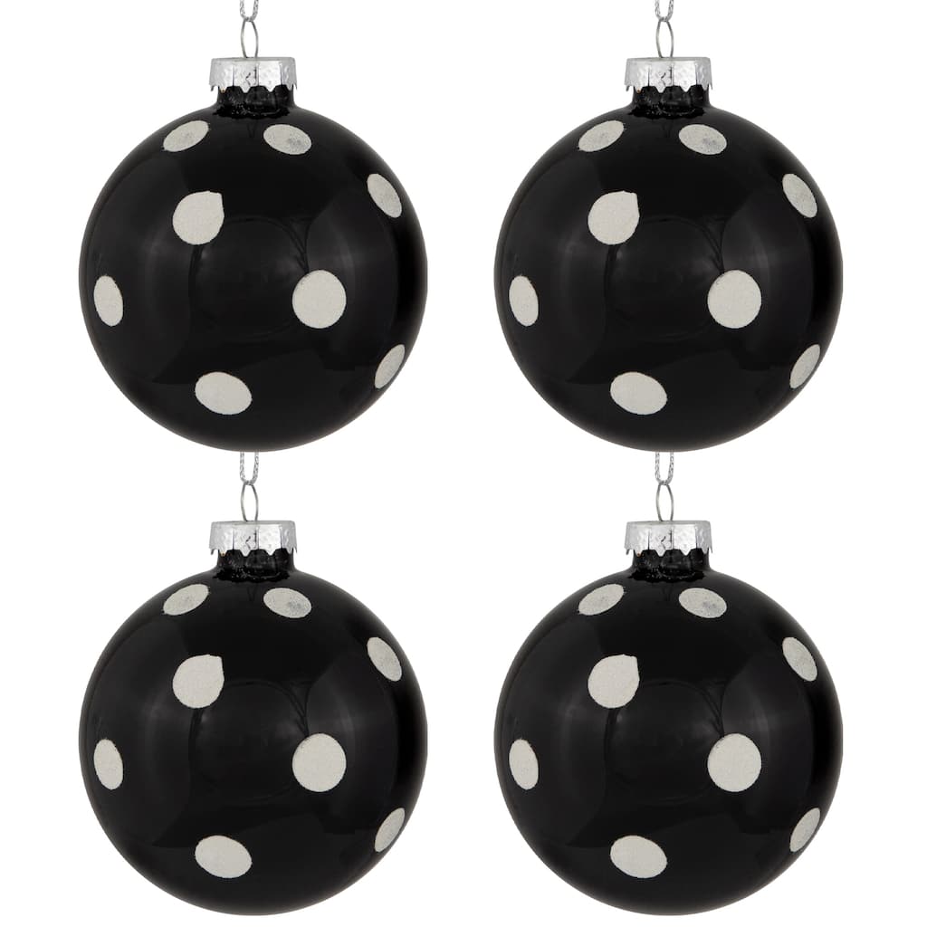 Set of 4 Black White Polka Dots Christmas Glass Ball Ornaments 3" 80mm