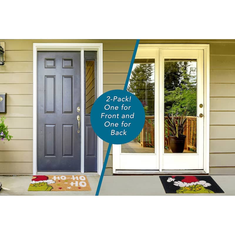 Licensed Dr Seuss Grinch Coir 'Ho Ho Ho' and Grinch Smile Graphic Door Mats, 2PK - 1'6" x 2'8"